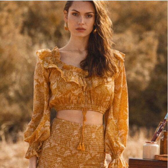 Spell & The Gypsy The Lioness Peasant Top & Wide Leg Pants Set in Caramel Size S - Picture 3 of 14